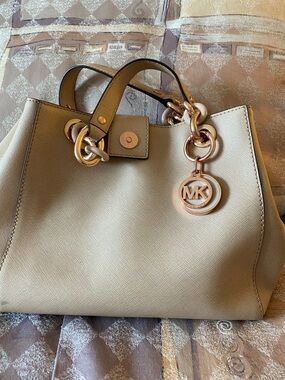 Michael Kors Taupe Saffiano Leather Tote with Gold MK Charm